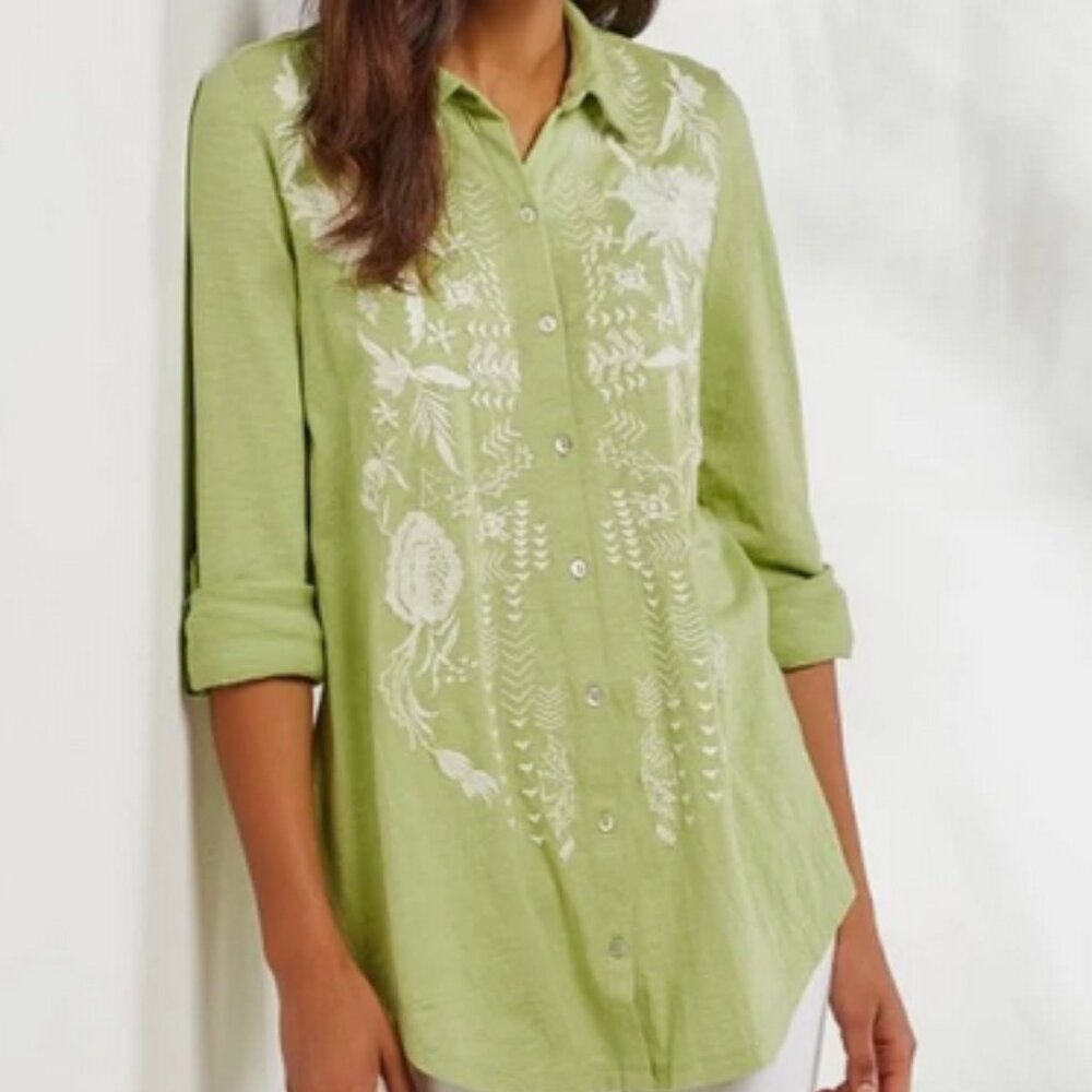 Soft Surroundings Madie Embroidered Long Sleeve Button Down Tunic size M